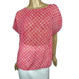 Liz Claiborne Size L Red and White Sheer Top Blouse Short Sleeve Elastic at Hem